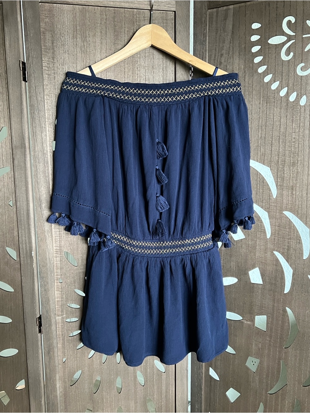 Lilly Pulitzer Navy Off-Shoulder Tassel Tunic